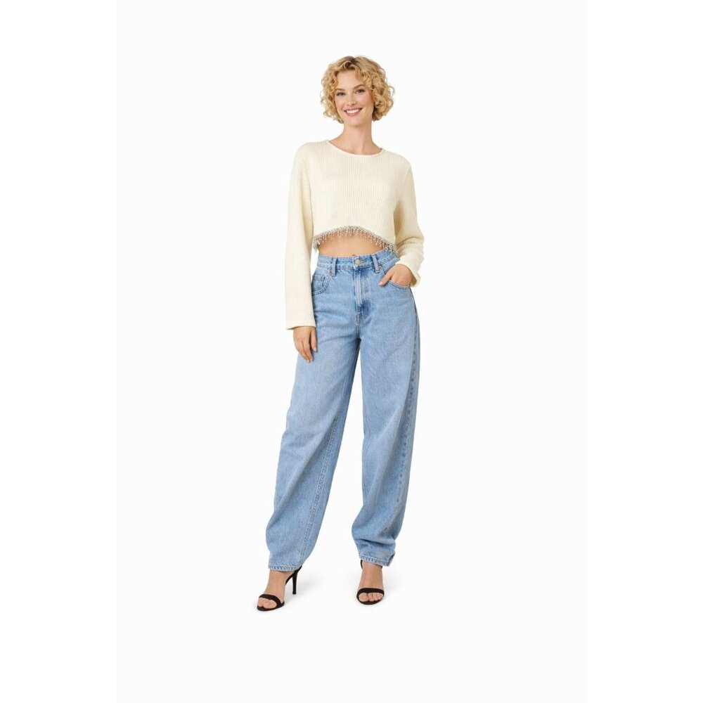 2/$30 ZARA Ribbed Beige Crop Top With Rhinestone Fringe Trim